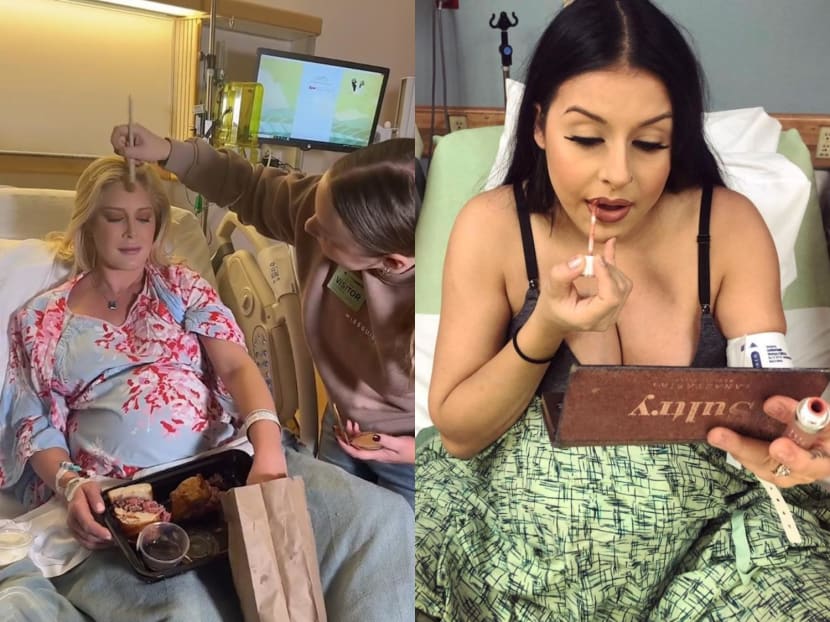 American media personality Heidi Montag (left) hired a professional makeup artist to help her look her best for the birth of her son in November 2022 and southern California-based makeup artist @mua_passion (right) applies lipstick on her hospital bed. American media personality Heidi Montag (left) hired a professional makeup artist to help her look her best for the birth of her son in November 2022 and southern California-based makeup artist @mua_passion (right) applies lipstick on her hospital bed.