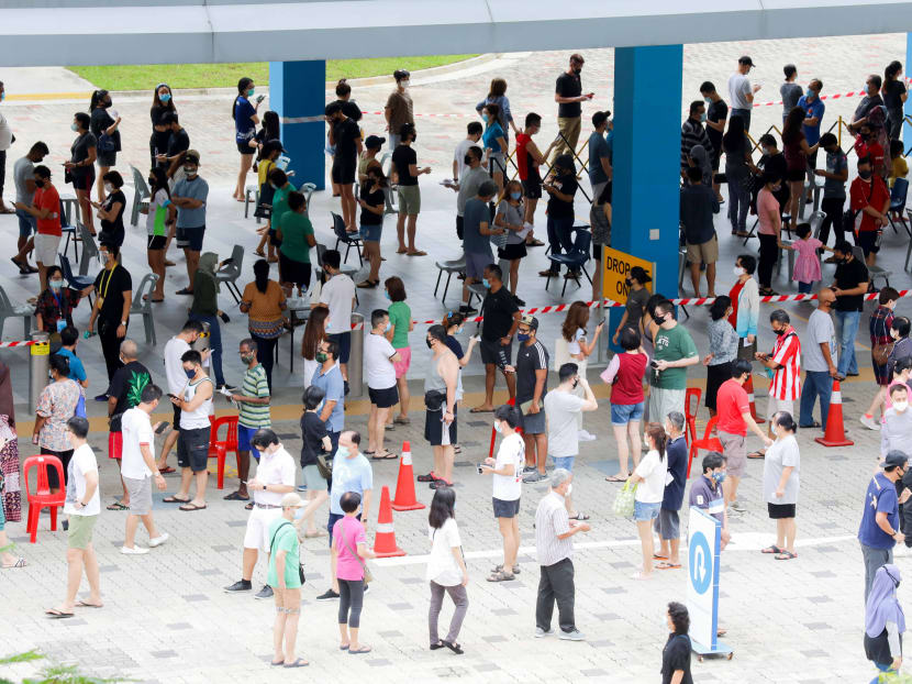 The queue of voters at Dunearn Secondary School polling station around 1.40pm on July 10, 2020.