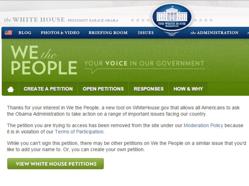 A screenshot of the White House petition website which shows the petition to free jailed opposition leader Anwar Ibrahim has been removed.