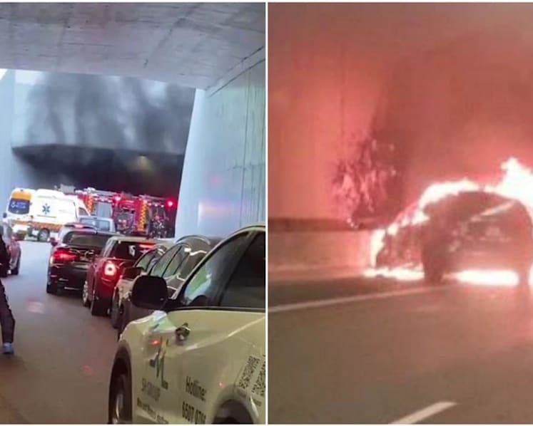 Driver rescued by 2 people before crashed car burst into flames in underpass along SLE