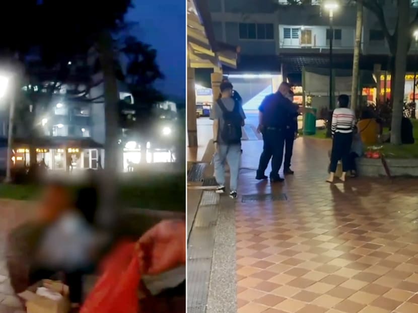 Images taken from a police body camera. On the left, police can be seen handing food to a woman while on the right, they talk to the woman and her domestic worker. Images taken from a police body camera. On the left, police can be seen handing food to a woman while on the right, they talk to the woman and her domestic worker.