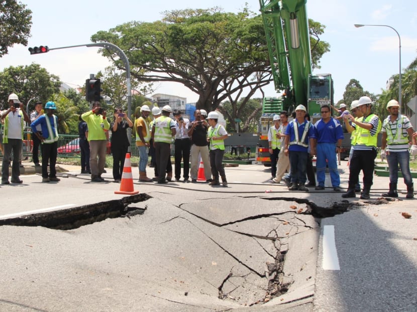 Truck sinks into ground along Upper Changi Road East