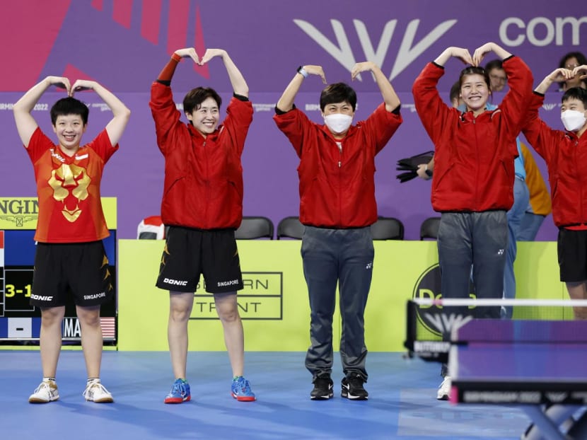 Singapore’s table tennis team celebrate after winning team gold at the Commonwealth Games on Aug 1, 2022. Singapore’s table tennis team celebrate after winning team gold at the Commonwealth Games on Aug 1, 2022.
