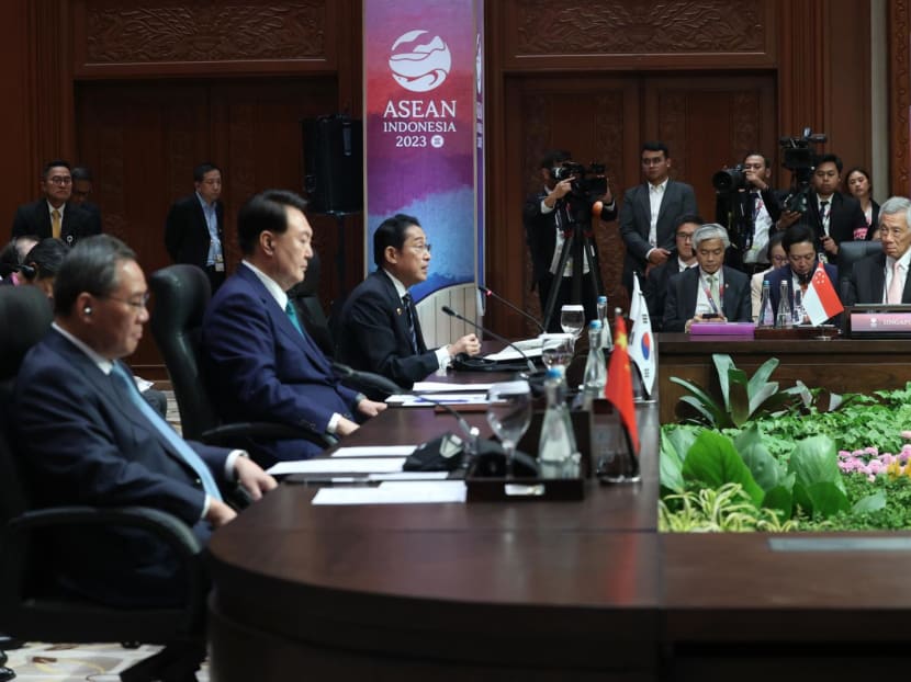 Singapore's Prime Minister Lee Hsien Loong (far right) during a meeting between Asean, of which Singapore is a member, and key political figures from South Korea, Japan and China. Singapore's Prime Minister Lee Hsien Loong (far right) during a meeting between Asean, of which Singapore is a member, and key political figures from South Korea, Japan and China.