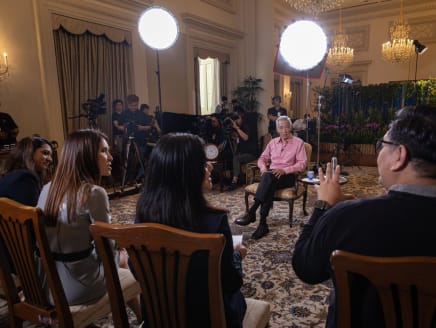 Prime Minister Lee Hsien Loong (centre of room) taking questions from reporters on April 26, 2024. 