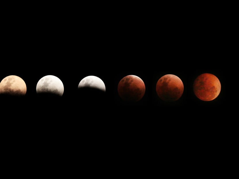 A composite of six images of the 'super blue blood moon' seen over Singapore over a span of two hours from 7:30pm to 9:30pm on Wed, Jan 31, 2018. Photos: Jason Quah/TODAY A composite of six images of the 'super blue blood moon' seen over Singapore over a span of two hours from 7:30pm to 9:30pm on Wed, Jan 31, 2018. Photos: Jason Quah/TODAY