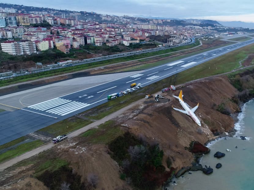 A Pegasus Airlines aircraft is pictured after it skidded off the runway at Trabzon airport by the Black Sea in Trabzon, Turkey. Photo: Reuters
