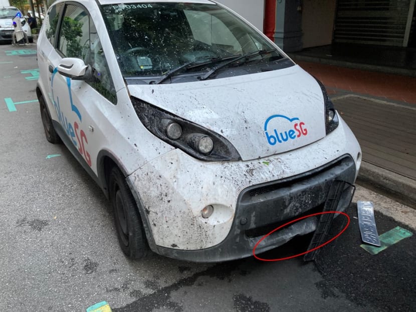 A photo of a BlueSG car that Mr Peng Yuan rented, which was damaged after he let someone else drive it. A photo of a BlueSG car that Mr Peng Yuan rented, which was damaged after he let someone else drive it.