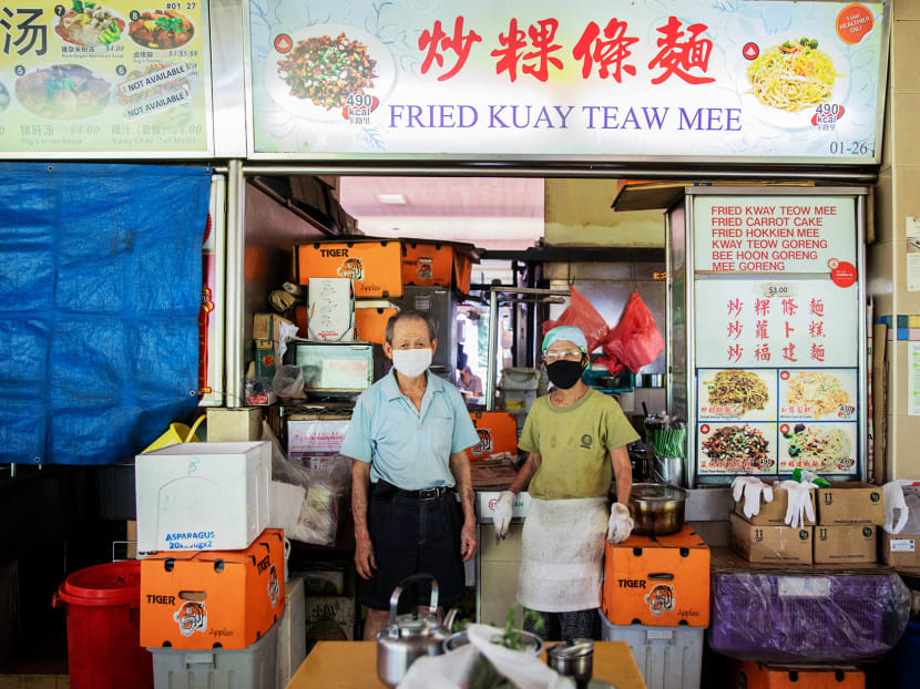 Mr Yeo Cheng Poh, 74, and Madam Toh Bong Chee, 73, who sell S$3 char kway teow and carrot cake at their stall, Fried Kuay Teaw Mee, at Seah Im Food Centre in the Harbourfront area, had resorted to working longer hours to make up for the shortfall in income. Mr Yeo Cheng Poh, 74, and Madam Toh Bong Chee, 73, who sell S$3 char kway teow and carrot cake at their stall, Fried Kuay Teaw Mee, at Seah Im Food Centre in the Harbourfront area, had resorted to working longer hours to make up for the shortfall in income.