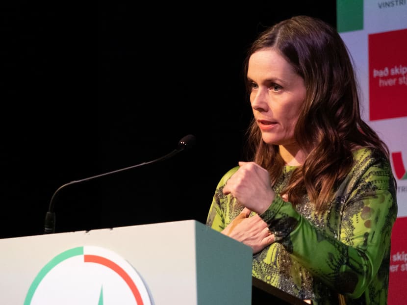Icelandic Prime Minister Katrin Jakobsdottir addresses supporters of her Left Green Movement at a party event in Reykjavik on Sept 25, 2021. Her left-right coalition won a majority, but Ms Jakobsdottir's Left-Green Movement emerged weakened after losing ground to its right-wing partners, which both posted strong showings.