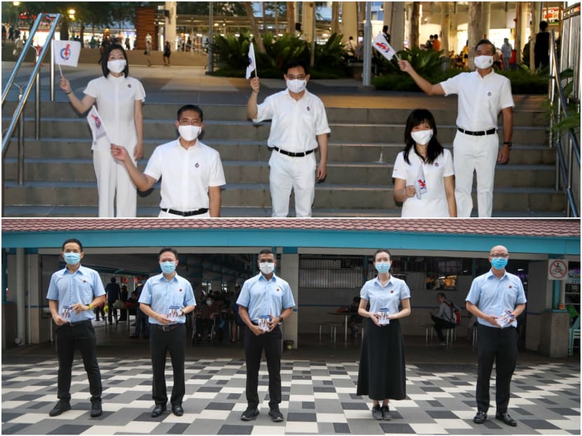 Candidates from the People's Action Party (top) and the Workers' Party (bottom) are vying for five seats at East Coast Group Representation Constituency. Candidates from the People's Action Party (top) and the Workers' Party (bottom) are vying for five seats at East Coast Group Representation Constituency.