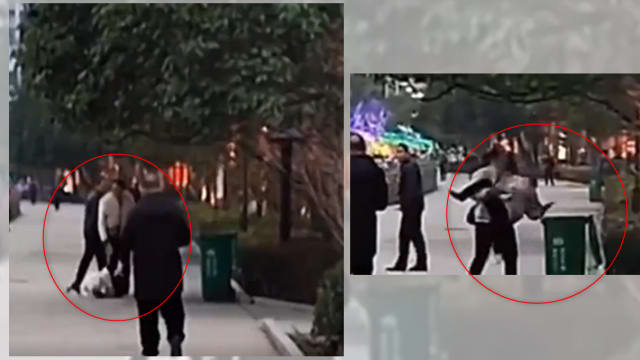 中国妈妈当街飞踢女儿 甚至要把她丢进垃圾桶