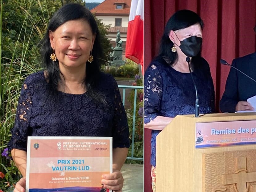 Professor Brenda Yeoh of the National University of Singapore receiving the Vautrin Lud Prize, the world's highest honour in the field of geography, at a presentation in France.