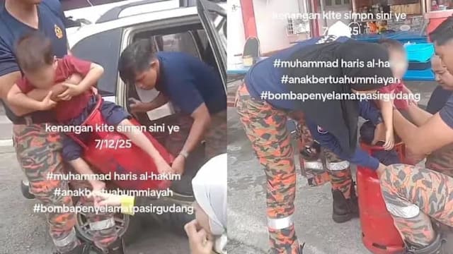 柔佛男童双腿卡煤气桶  家人抱男童和桶到消防局求助