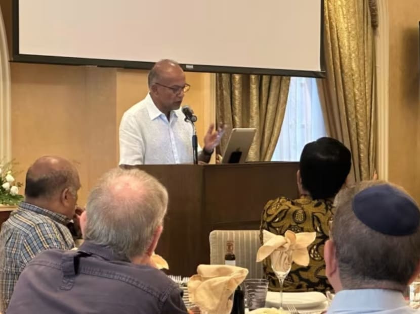 Minister for Home Affairs and Law K Shanmugam speaking at a pre-Passover celebration organised by the Jewish Welfare Board (JWB) at the Jacob Ballas Centre in Waterloo Street on April 11, 2024. 