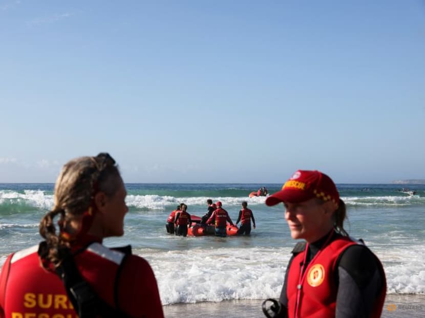 Bondi Beach Inflatable Rescue Boat (IRB) Racing team trains on Bondi Beach in Sydney, Australia on Feb 17, 2024.