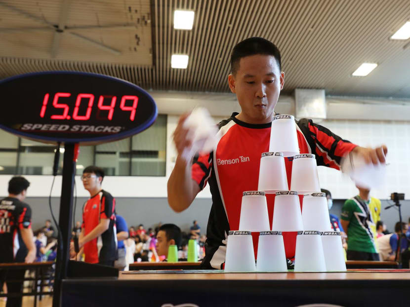 Mr Benson Tan from Team Singapore competing at the World Sport Stacking Championships 2023, held at the Singapore University of Technology and Design on April 9, 2023. Mr Benson Tan from Team Singapore competing at the World Sport Stacking Championships 2023, held at the Singapore University of Technology and Design on April 9, 2023.