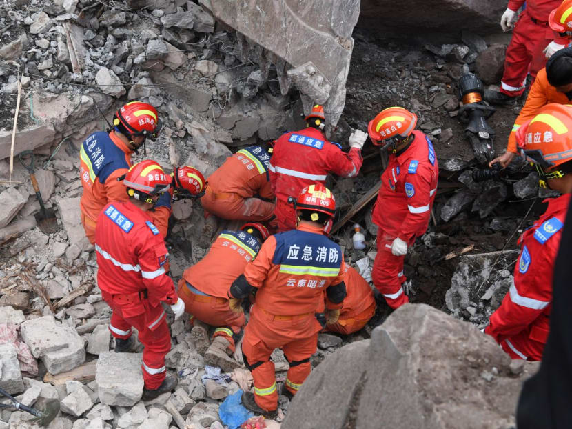 Rescue workers search for survivors in the debris after a landslide hit Zhenxiong County, in Zhaotong, Yunnan province, China on Jan 22, 2024. Rescue workers search for survivors in the debris after a landslide hit Zhenxiong County, in Zhaotong, Yunnan province, China on Jan 22, 2024.