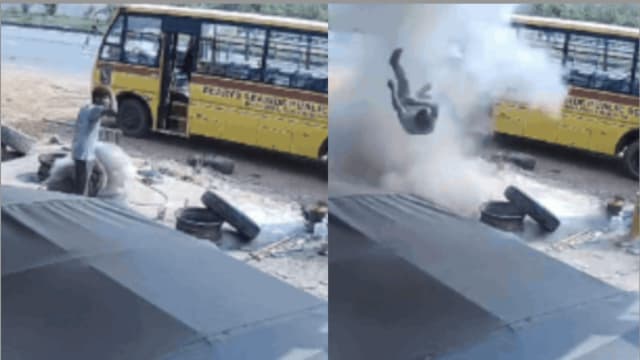轮胎突爆炸 印度青年被抛飞受重伤