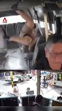Motorcyclist in Colombia survives crash into bus, lands inside