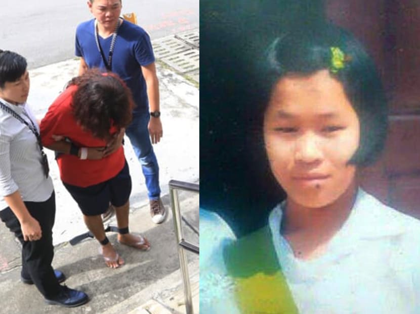 (Left) Prema S Naraynasamy (head bowed), being taken back to the scene of the crime in 2017. (Right) An old photo of Piang Ngaih Don. (Left) Prema S Naraynasamy (head bowed), being taken back to the scene of the crime in 2017. (Right) An old photo of Piang Ngaih Don.