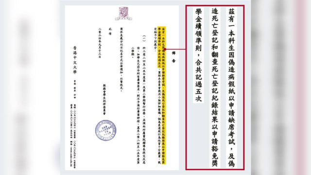 为保奖学金伪造死亡登记 香港中大生被罚休学 