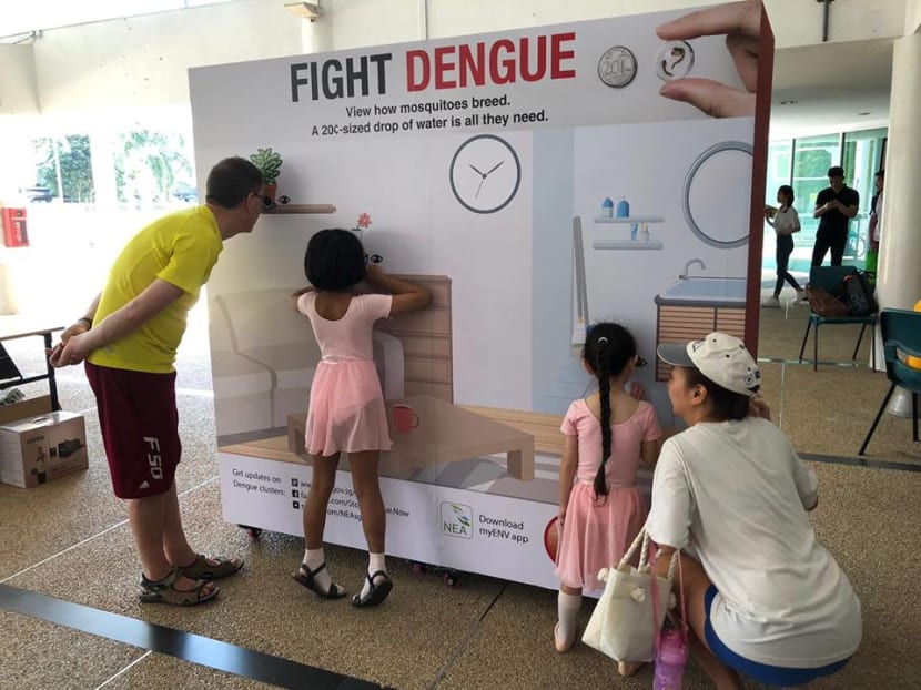 Residents in Singapore's south-east district viewing videos and learning about the life cycle of the Aedes mosquito at the launch of the National Dengue Prevention Campaign 2019 on April 7. Residents in Singapore's south-east district viewing videos and learning about the life cycle of the Aedes mosquito at the launch of the National Dengue Prevention Campaign 2019 on April 7.