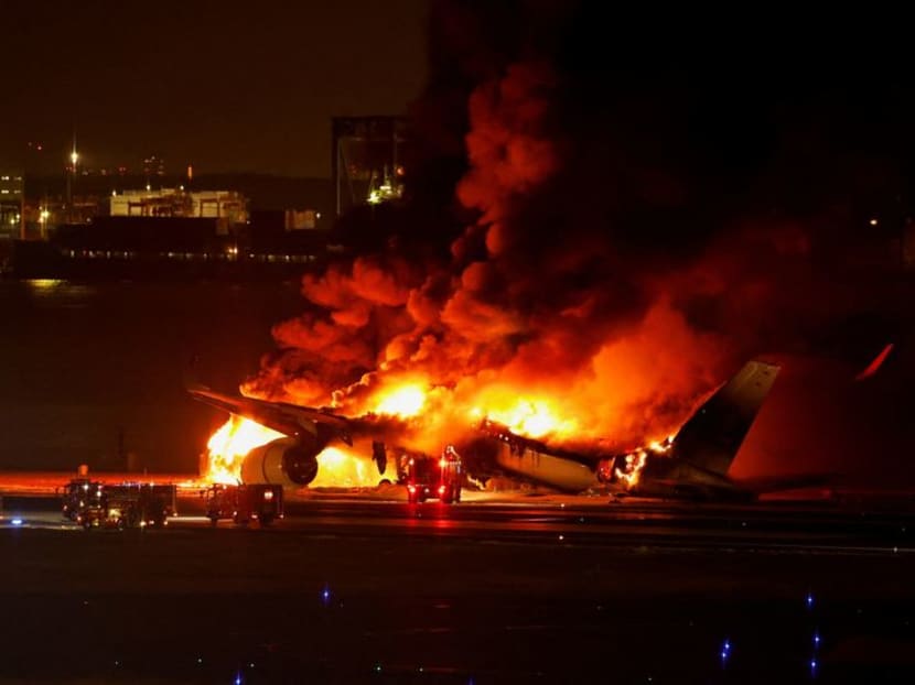 Japan Airlines' A350 airplane is on fire at Haneda international airport in Tokyo, Japan January 2, 2024. REUTERS/Issei Kato