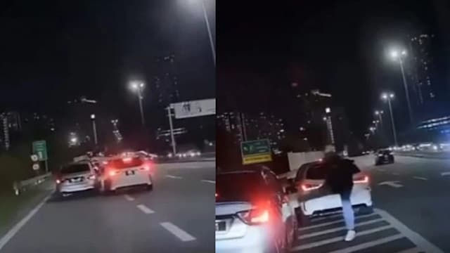 驾车插队不成恼羞成怒 马国司机踹对方车门互殴