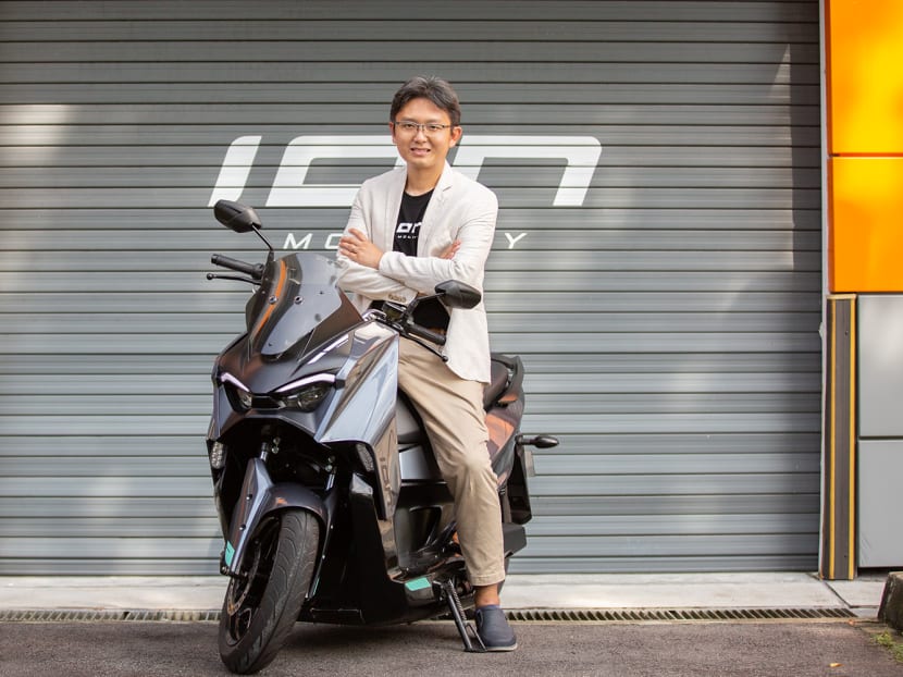Mr James Chan with the ION Mobius electric motorcycle on April 22, 2022. Mr James Chan with the ION Mobius electric motorcycle on April 22, 2022.
