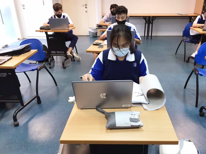 Abigail Juarez (front row) who studies at Jurong West Secondary School was among a small group of students who returned for lessons in class on May 20, 2020. Abigail Juarez (front row) who studies at Jurong West Secondary School was among a small group of students who returned for lessons in class on May 20, 2020.