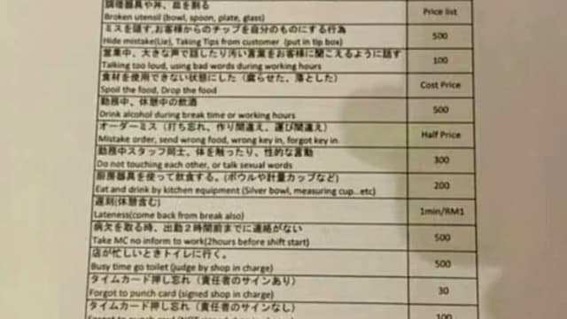 员工忙时上厕所要罚上百元 马国拉面店苛刻规定惹议