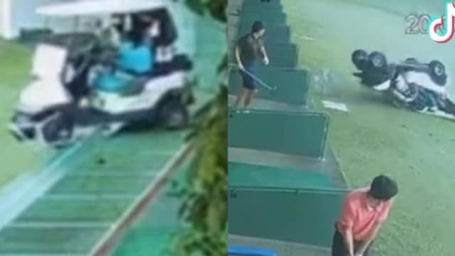 男子准备挥杆 高尔夫球车突然从眼前坠下