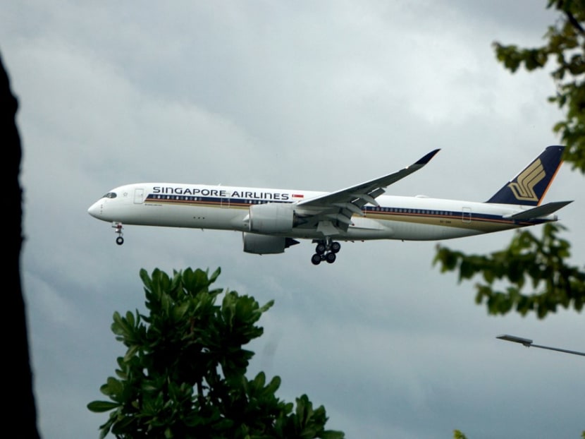 A Singapore Airlines plane prepares to land at Changi International airport in Singapore on Aug 14, 2021. A Singapore Airlines plane prepares to land at Changi International airport in Singapore on Aug 14, 2021.