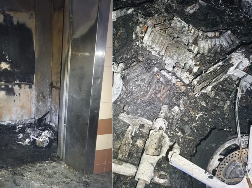 The charred remains of a personal mobility device that caught fire on June 3, 2021 at a housing block lift in Woodlands. A 20-year-old man died after suffering severe burn injuries. The charred remains of a personal mobility device that caught fire on June 3, 2021 at a housing block lift in Woodlands. A 20-year-old man died after suffering severe burn injuries.