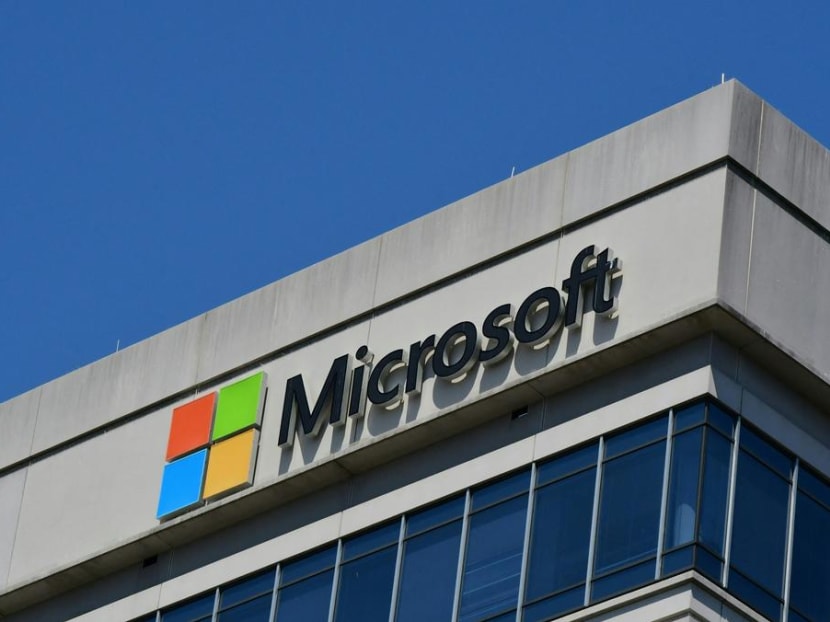 A Microsoft logo adorns a building in Chevy Chase, Maryland on May 19, 2021.