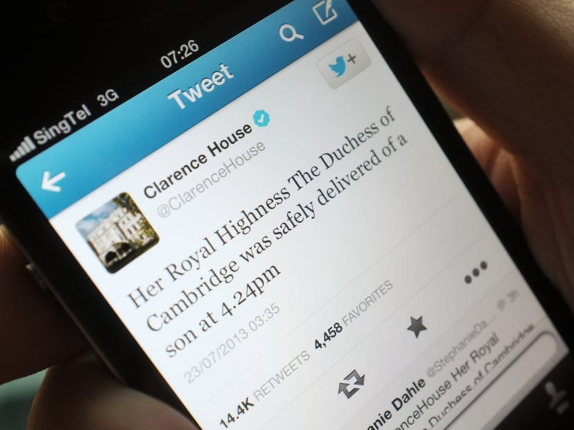 A photo illustration taken in Singapore shows a Twitter message from Clarence House, the official London residence of Prince Charles and The Duchess of Cornwall, announcing the birth of a baby boy by Catherine, Duchess of Cambridge in London July 22, 2013. Prince William's wife Kate gave birth on Monday to a baby boy, in the Lindo Wing of St Mary's Hospital, who becomes third in line to the British throne, his office said. The royal baby, the couple's first child, was born at 4:24 p.m. (1524 GMT), weighing 8 lbs and 6 oz. Photo: Reuters