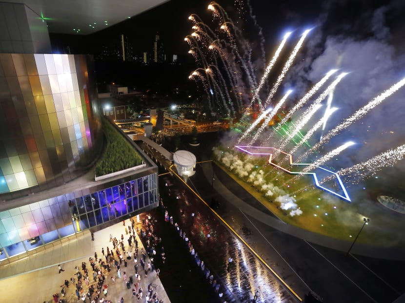 Off to a great start! A fireworks display capped off today’s celebrations at the opening of the Mediacorp Campus at Mediapolis@One-North. The company, which expects to complete its migration from Caldecott Broadcast Centre in Andrew Road to the new offices by July next year, also unveiled a colourful new logo. Photo: Ernest Chua