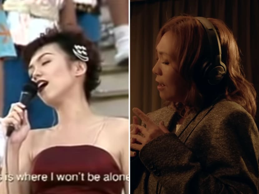 Singaporean singer Kit Chan performing at Singapore's National Day Parade (NDP) in 1998 (left) and her performing the remake of the song Home in 2023 (right). 