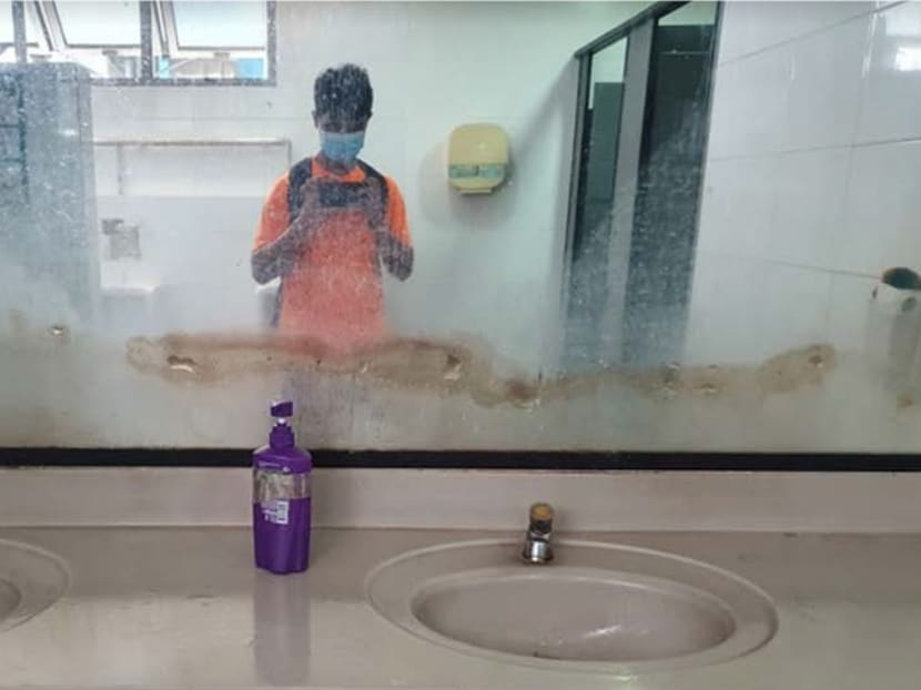 Mirrors that were in need of cleaning or replacement at a public toilet that Singapore Management University students visited. Mirrors that were in need of cleaning or replacement at a public toilet that Singapore Management University students visited.