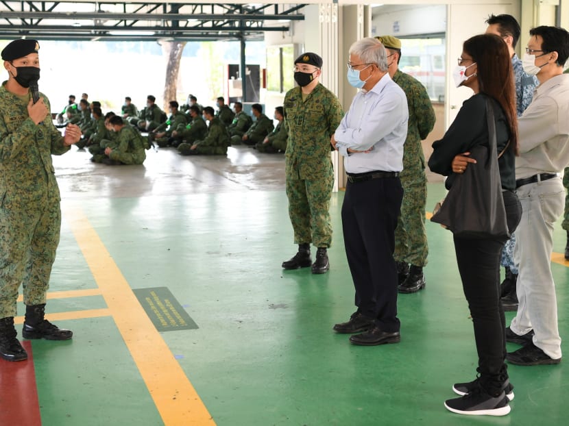 Mr Heng Chiang Gnee (third from left), chairman of the External Review Panel on SAF Safety, being briefed on the safety measures implemented by the Island Defence Training Institute. Mr Heng Chiang Gnee (third from left), chairman of the External Review Panel on SAF Safety, being briefed on the safety measures implemented by the Island Defence Training Institute.