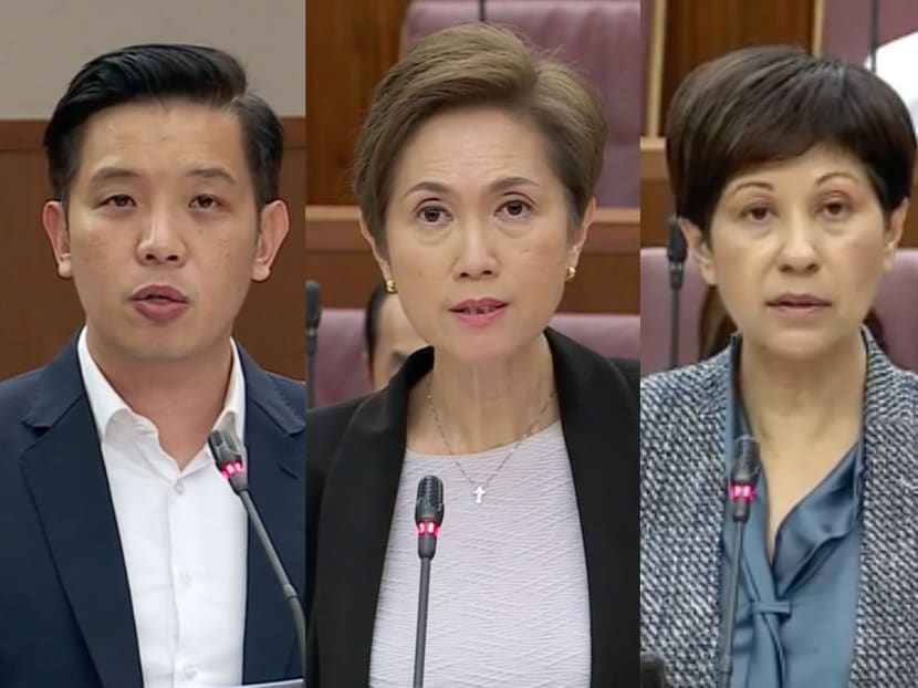 From left: Mr Alvin Tan, Minister of State for Trade and Industry, Mrs Josephine Teo, Second Minister for Home Affairs, and Ms Indranee Rajah, Second Minister for Finance and National Development, speaking in Parliament on Oct 3, 2023.
From left: Mr Alvin Tan, Minister of State for Trade and Industry, Mrs Josephine Teo, Second Minister for Home Affairs, and Ms Indranee Rajah, Second Minister for Finance and National Development, speaking in Parliament on Oct 3, 2023.