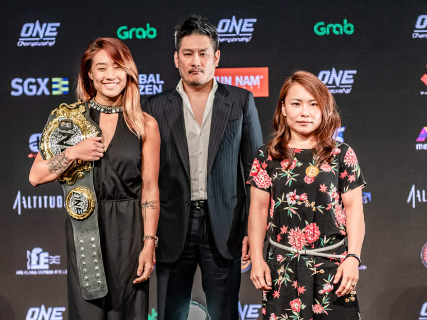 (From left): One Championship athlete Angela Lee, One Championship CEO Chatri Sityodtong, and fighter Mei Yamaguchi at the press conference for the One: Unstoppable Dreams event on May 18.