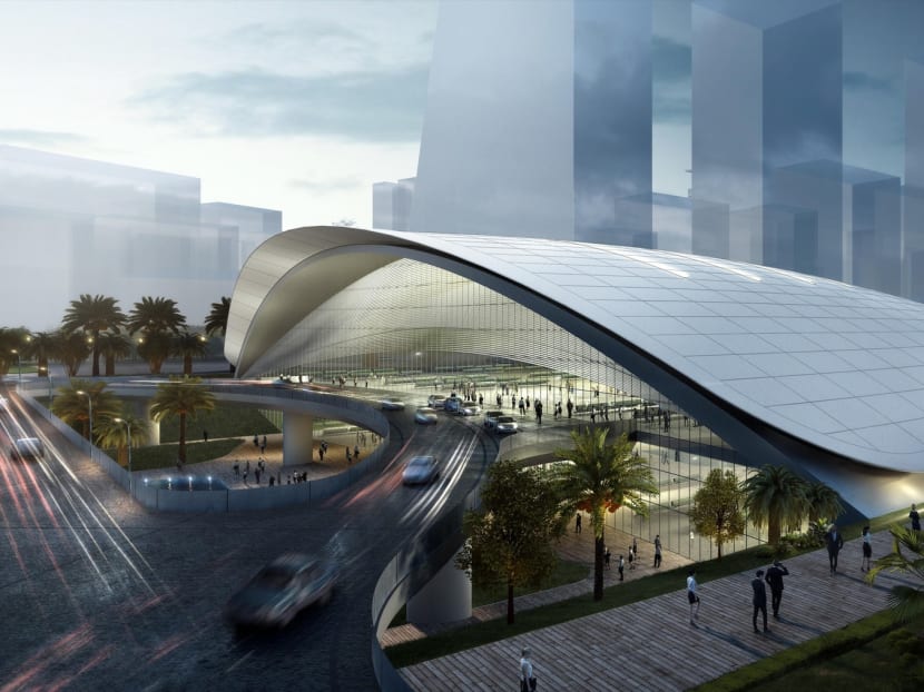 An artistic impression of the cancelled HSR terminus in Jurong East by Farrells.