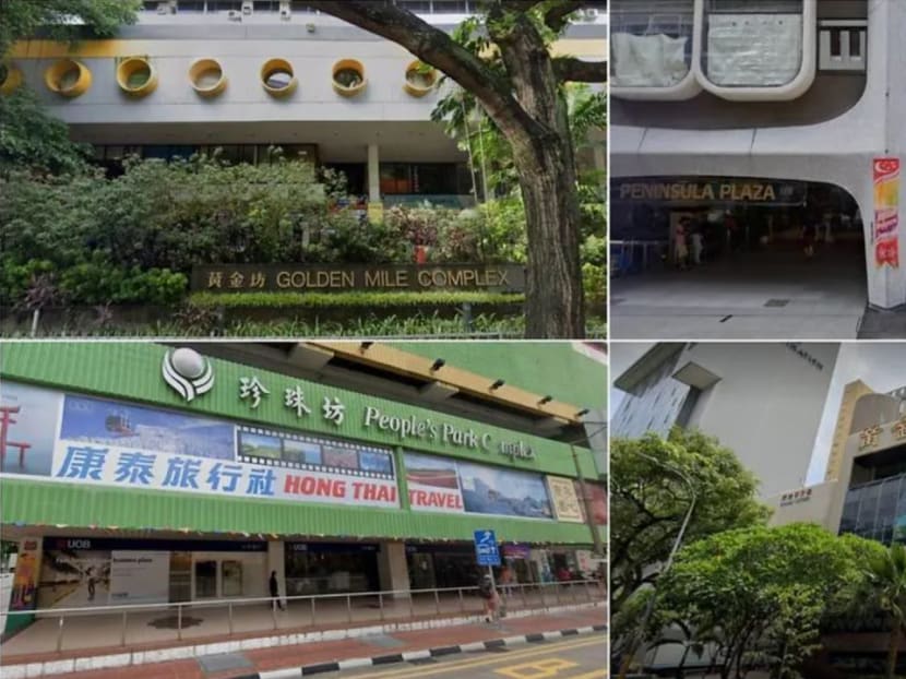 Clockwise from top left: Golden Mile Complex, Peninsula Plaza, Golden Mile Tower and People's Park Complex.