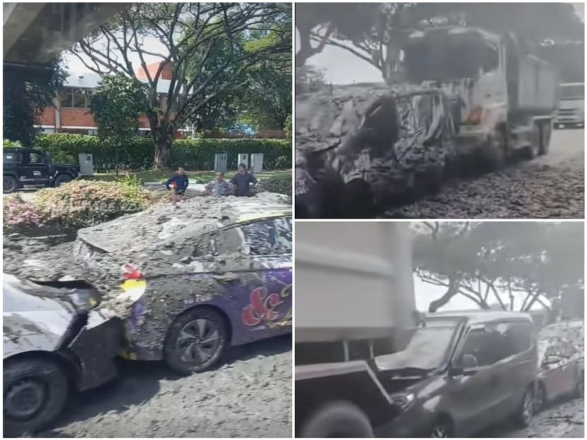 Screenshots from a video on the Singapore roads accident Facebook page, of a multi-vehicle collision on an expressway.