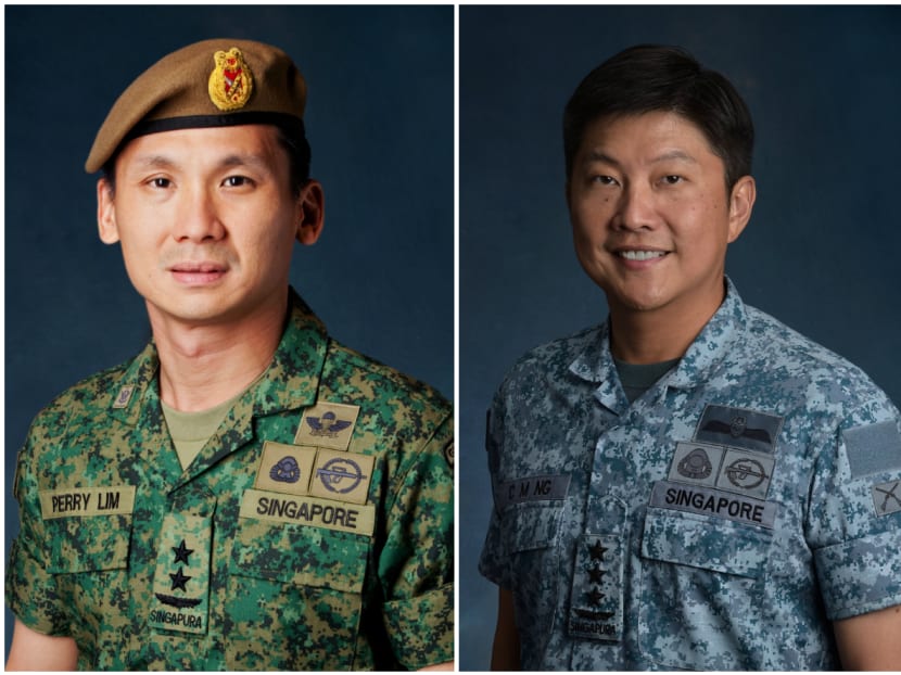 MG Perry Lim (left) will replace LG Ng Chee Meng as Chief of Defence Force. Photos: Mindef
