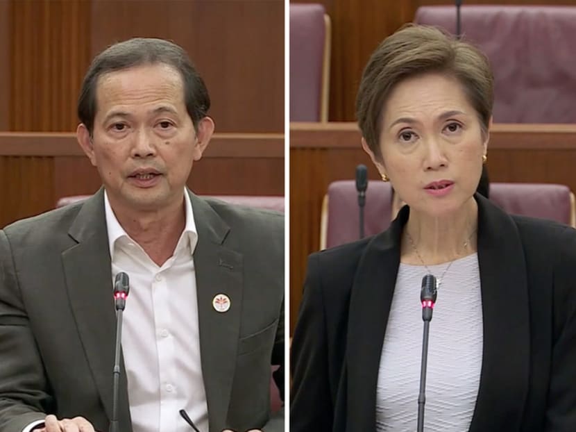 Mrs Teo and Mr Leong speaking in Parliament on Oct 3, 2023. Mrs Teo and Mr Leong speaking in Parliament on Oct 3, 2023.