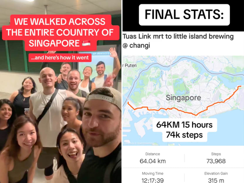 A group of walking enthusiasts (left) went viral on TikTok for their attempt to travel 64km from Tuas to Changi in Singapore by foot. 