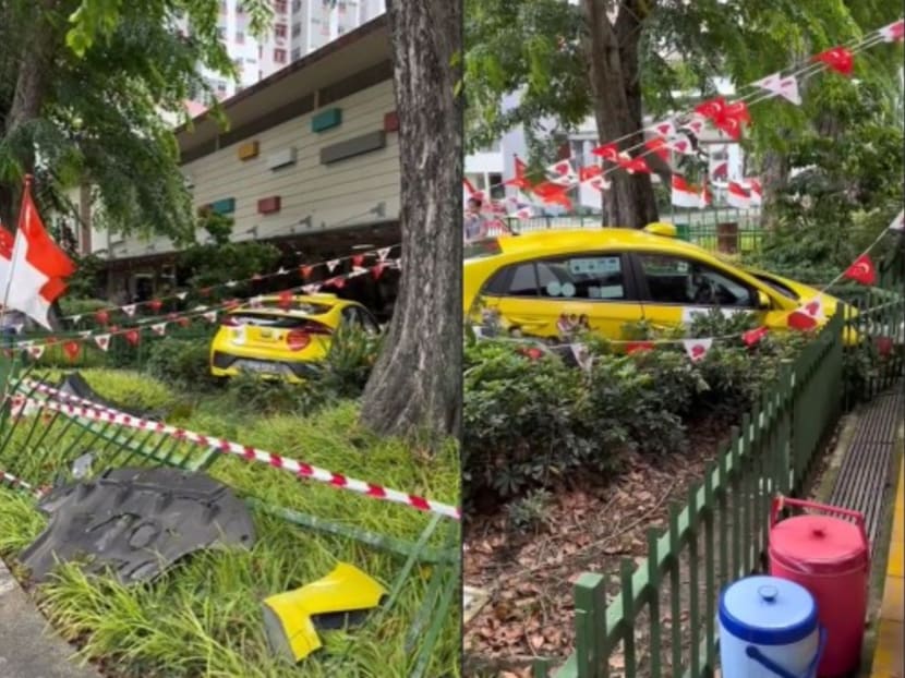 Screenshots of videos from social media showing a taxi that ended up on a grass patch near a food centre along North Bridge Road. Screenshots of videos from social media showing a taxi that ended up on a grass patch near a food centre along North Bridge Road.
